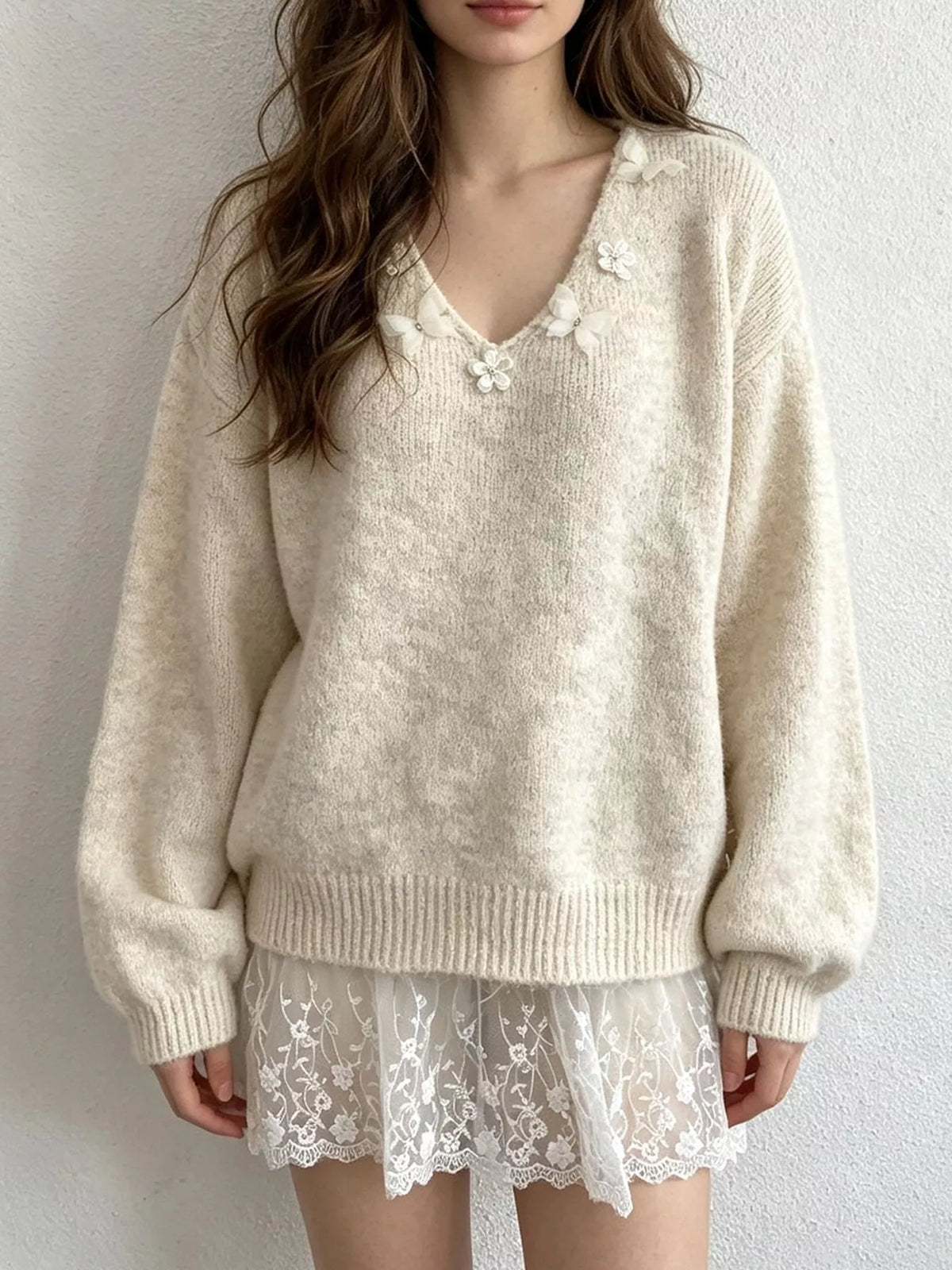 V-Neck Floral Applique Lace Hem Sweater, view 8