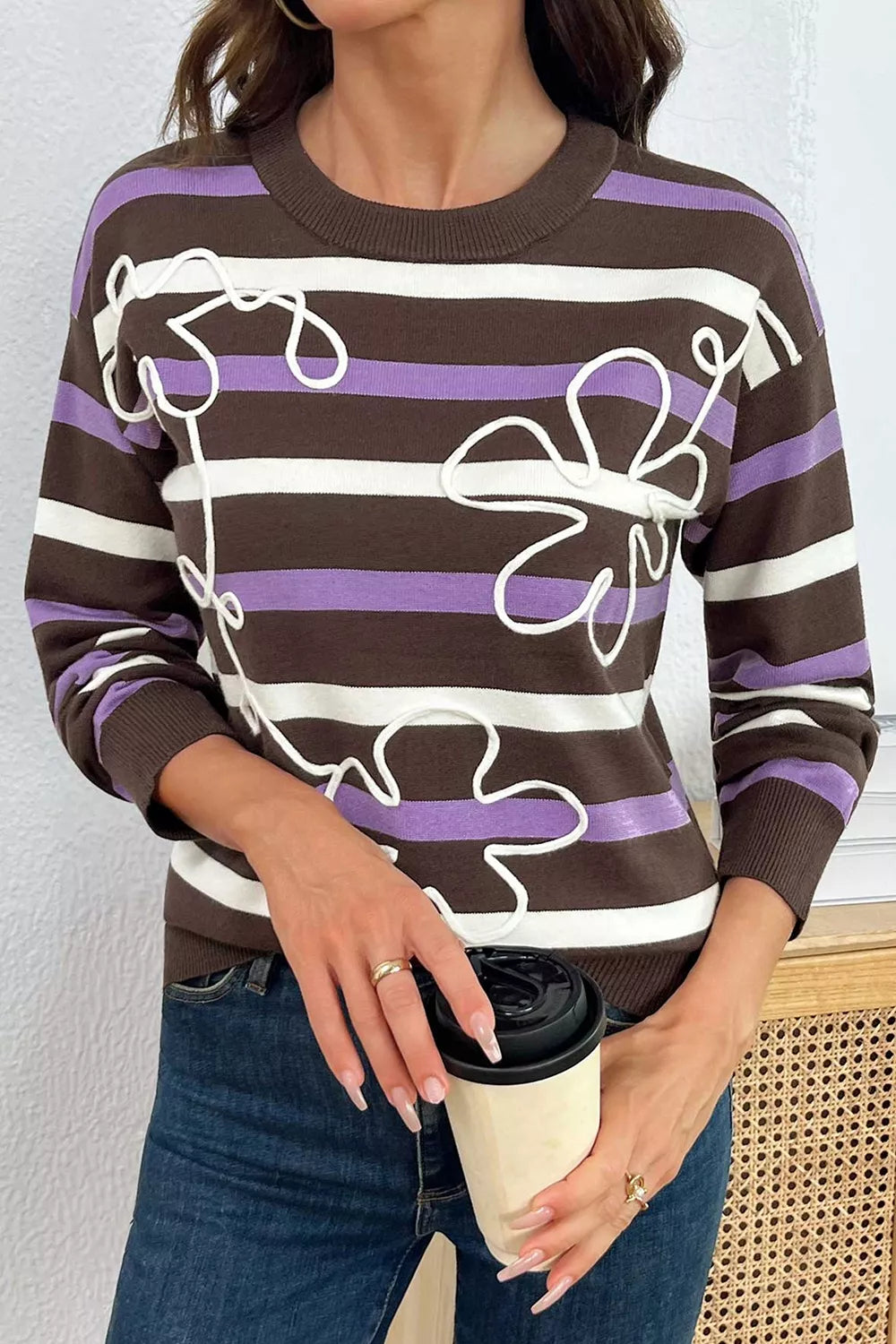 Stripe Embroidered Detail Drop Shoulder Sweater