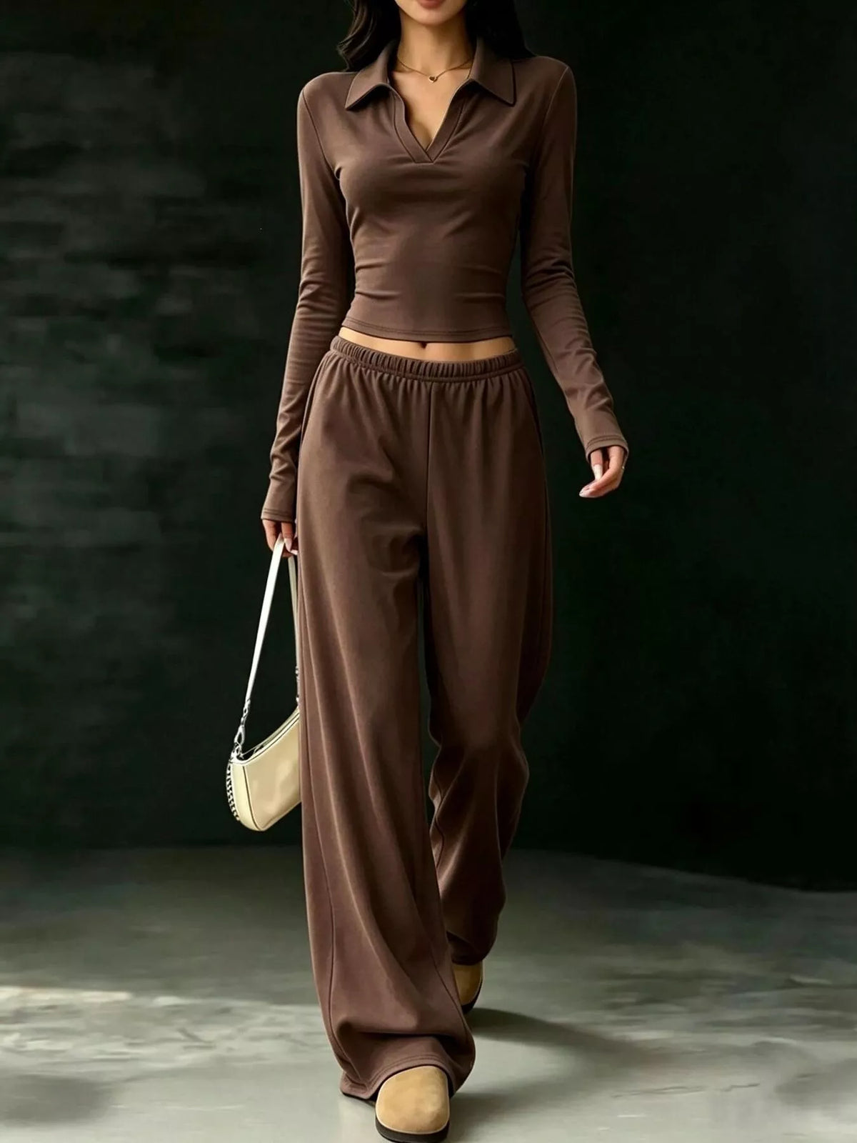 Solid Color Long Sleeve Polo Collar Top and Wide Leg Pants Set - Lilixa.store