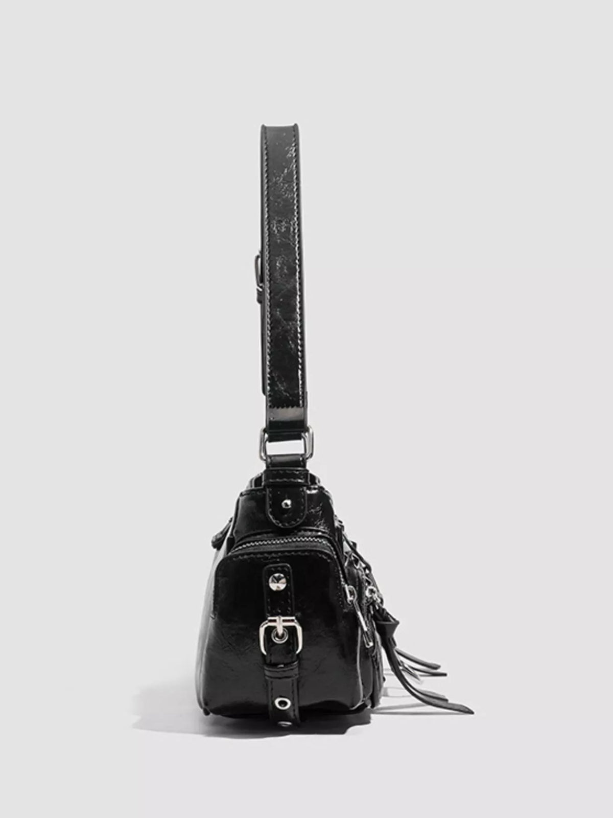 Y2K Style Rivet Embellished Patent Leather Shoulder Bag in Black, view 3