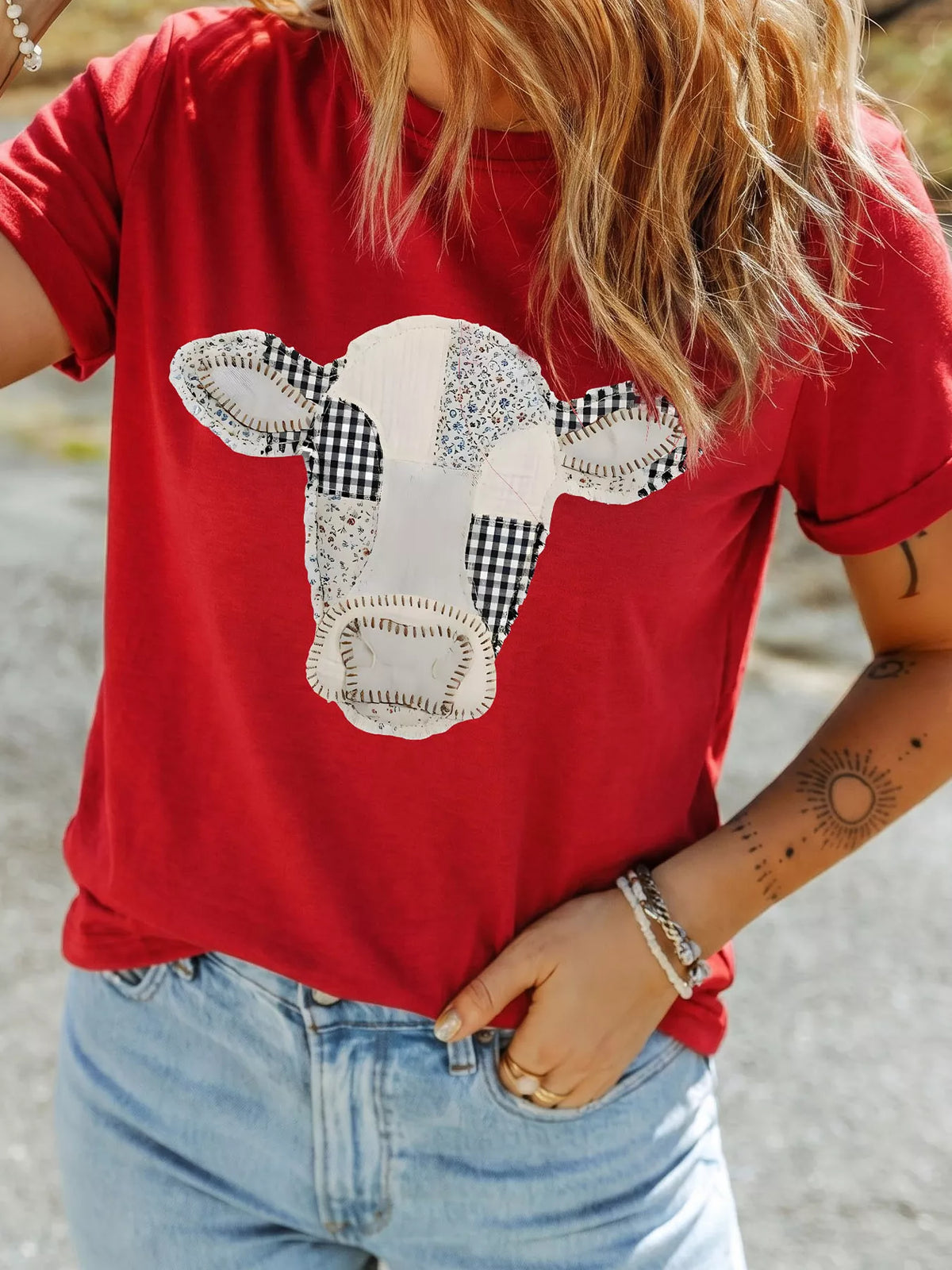 Western Patchwork Cow Print Round Neck Casual T Shirt