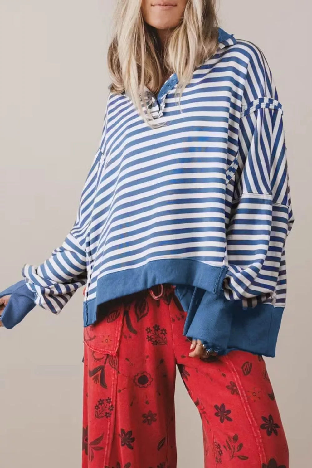 Stripe Color Block Trim Raw Seam Split Hem Loose Sweatshirt - Lilixa.store