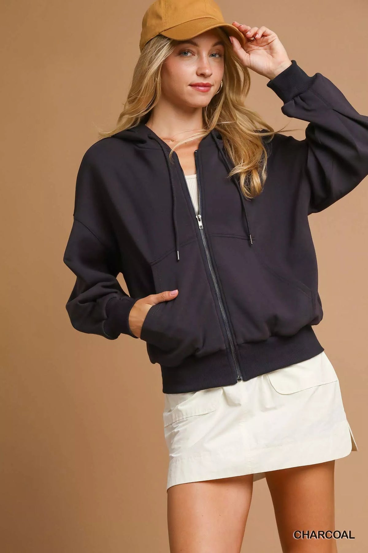 Umgee Zip-Up Fleece Hooded Jacket in Charcoal