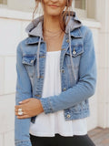 Full Size Button Up Drawstring Hooded Denim Jacket Plus Size in Light Blue
