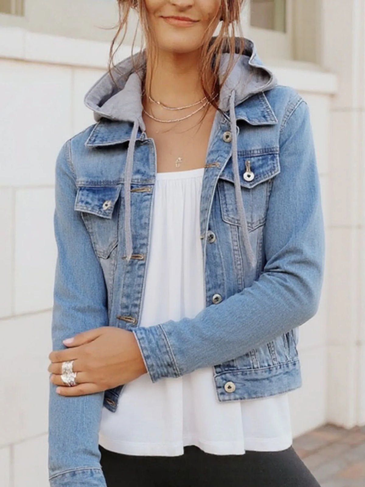 Full Size Button Up Drawstring Hooded Denim Jacket Plus Size in Light Blue