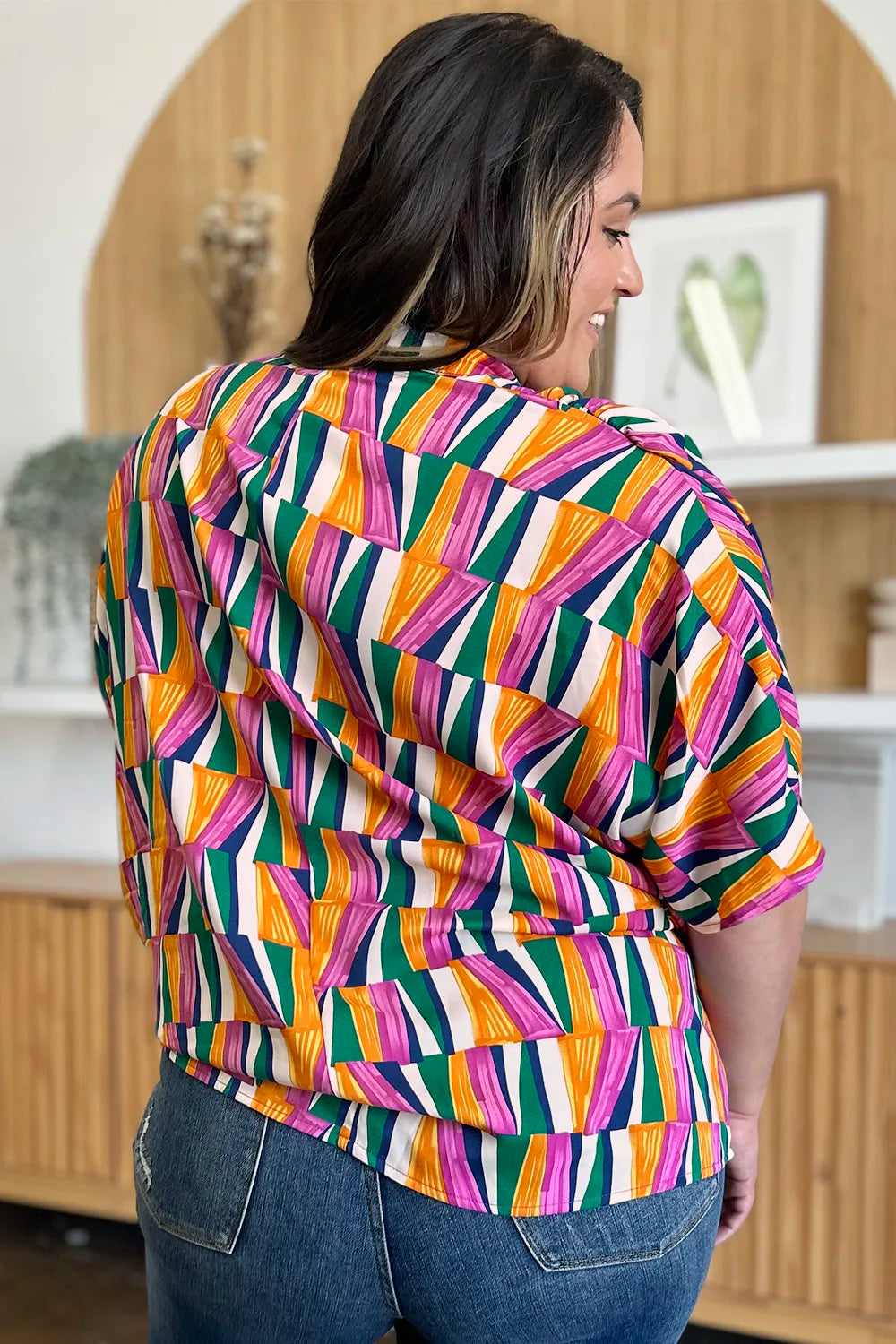 Double Take Full Size Geometric Notched Dolman Sleeve Top - Lilixa.store