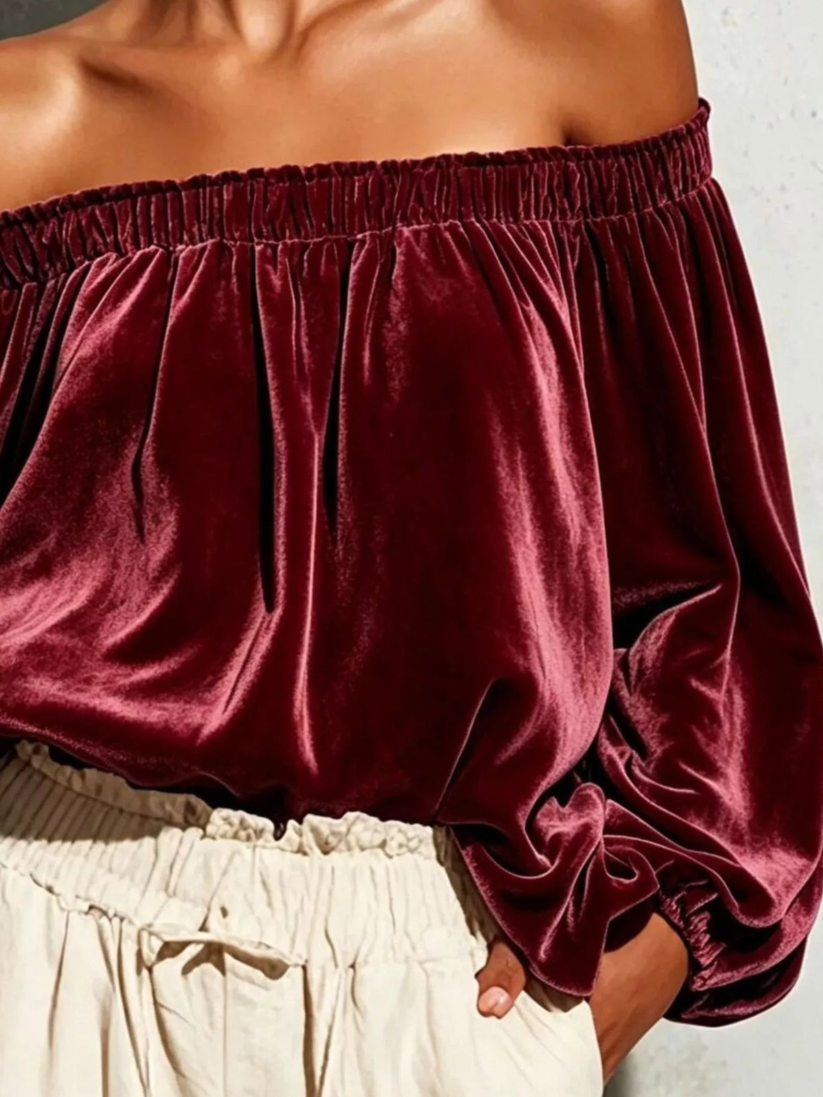 Off-Shoulder Velvet Long Sleeve T-Shirt - Lilixa.store