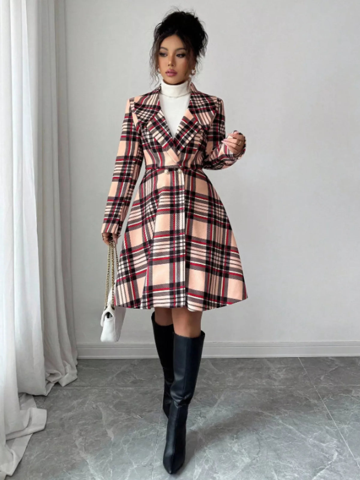 Plaid Button Up Long Sleeve Coat, view 4