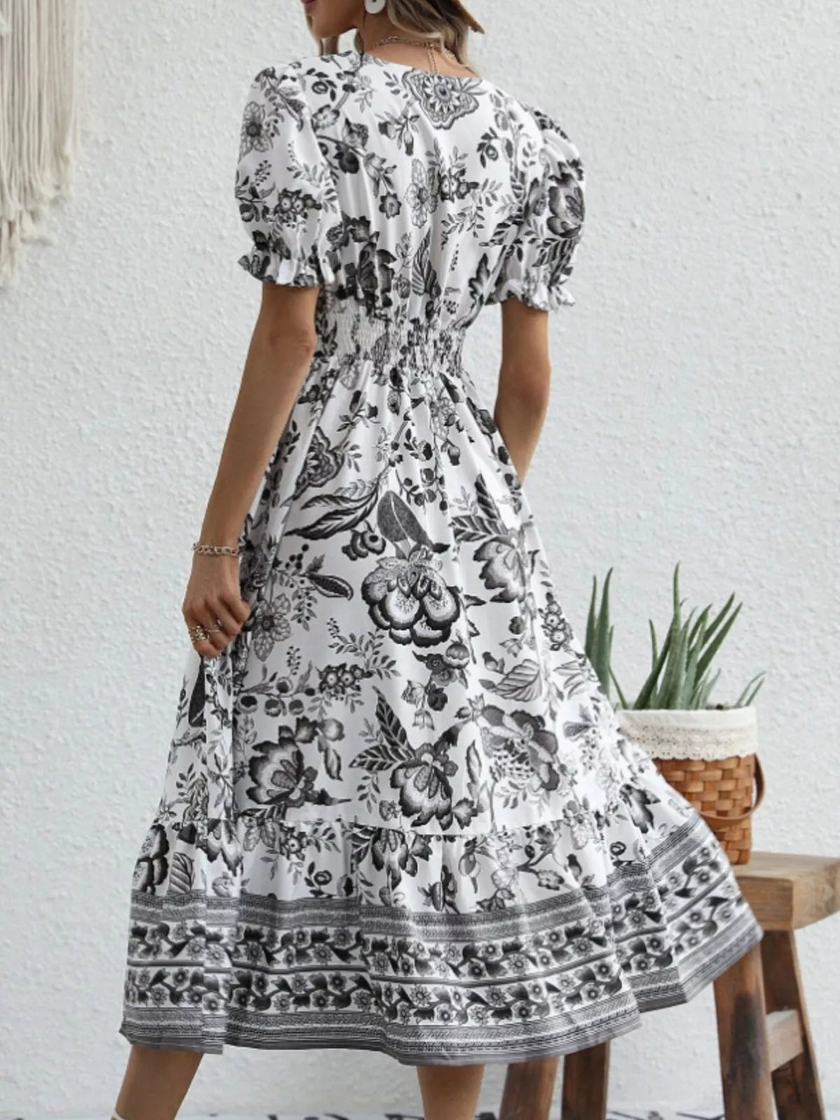 Floral Print Puff Sleeve Wrap Midi Dress
