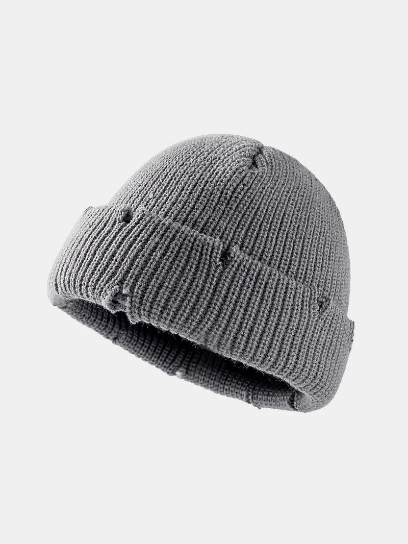 Distressed Cuffed Knit Hat in Gray
