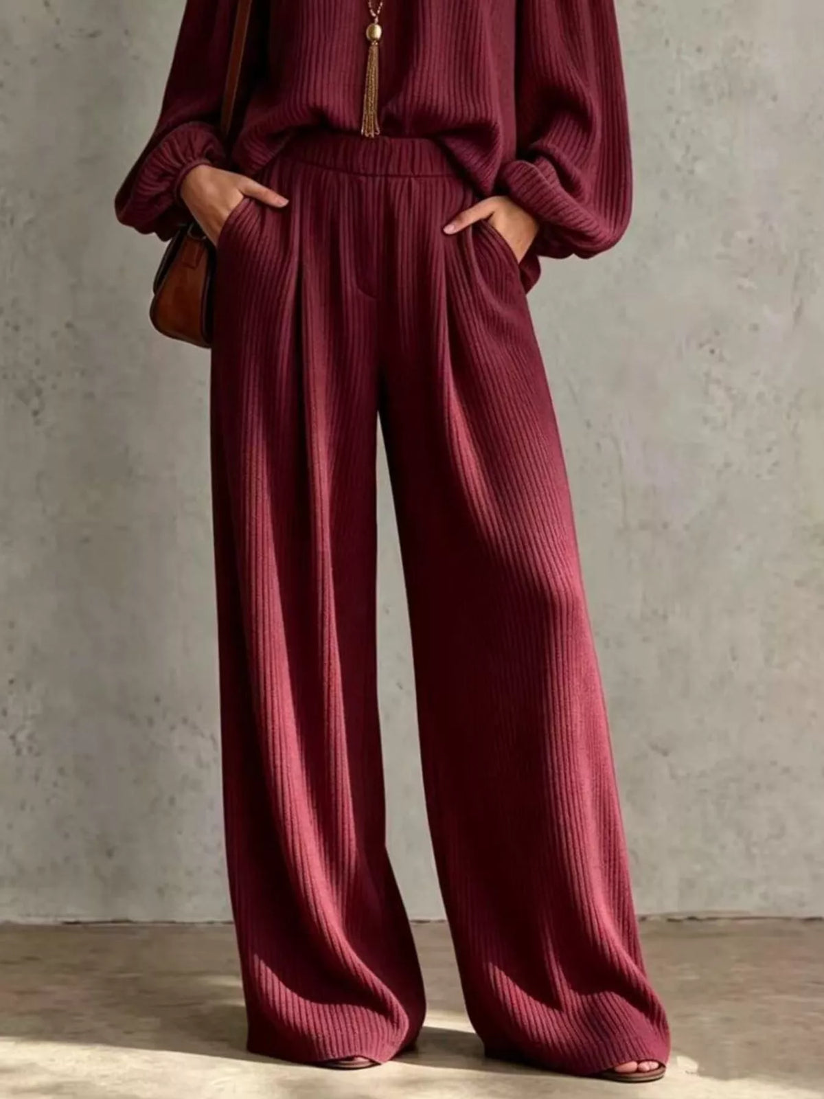 Off-Shoulder Crisscross Cutout Ribbed Knit Top and Wide-Leg Pants Set, view 8
