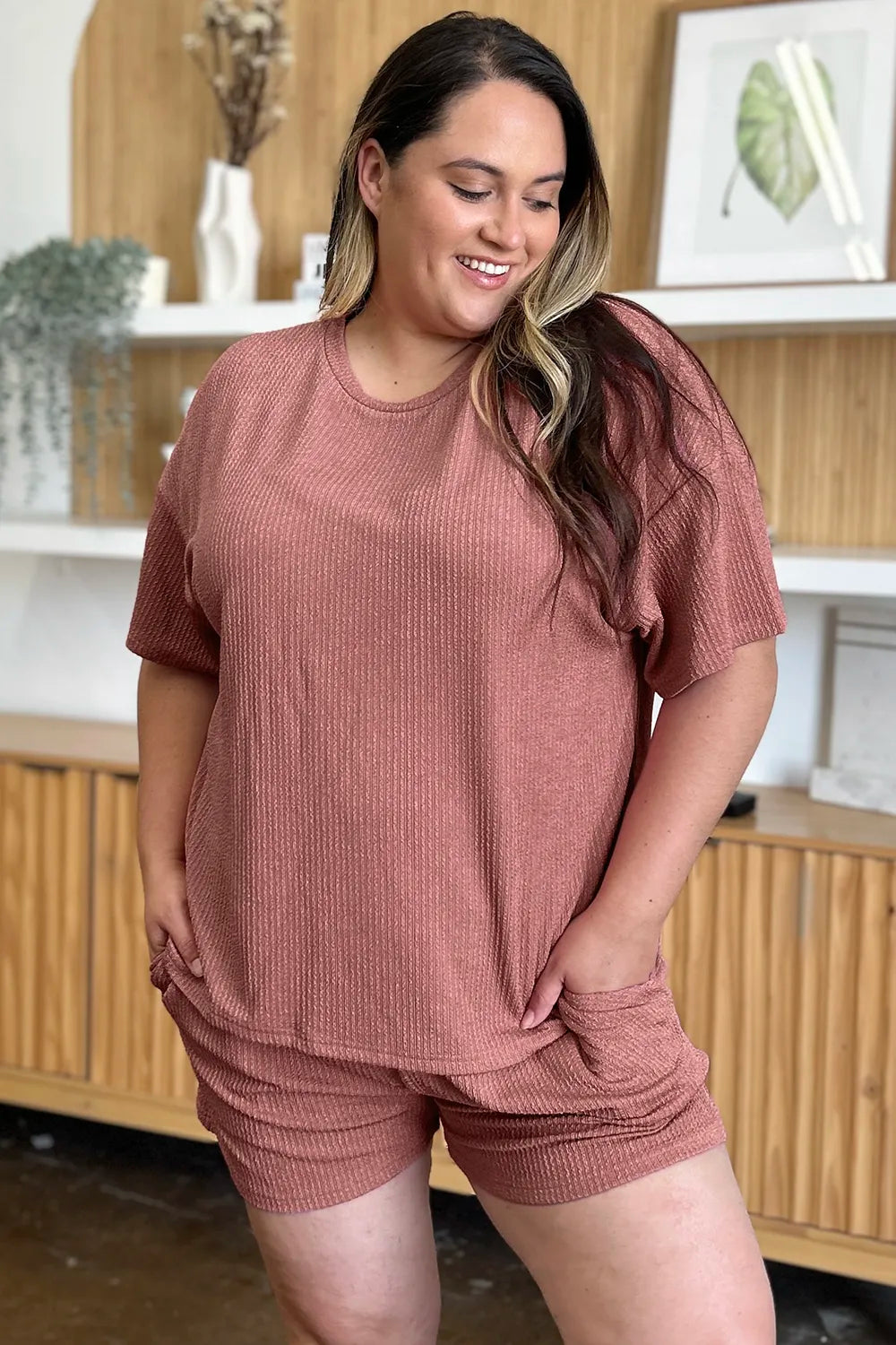 Double Take Full Size Round Neck Short Sleeve T-Shirt and Shorts Set in Light Mauve, view 6