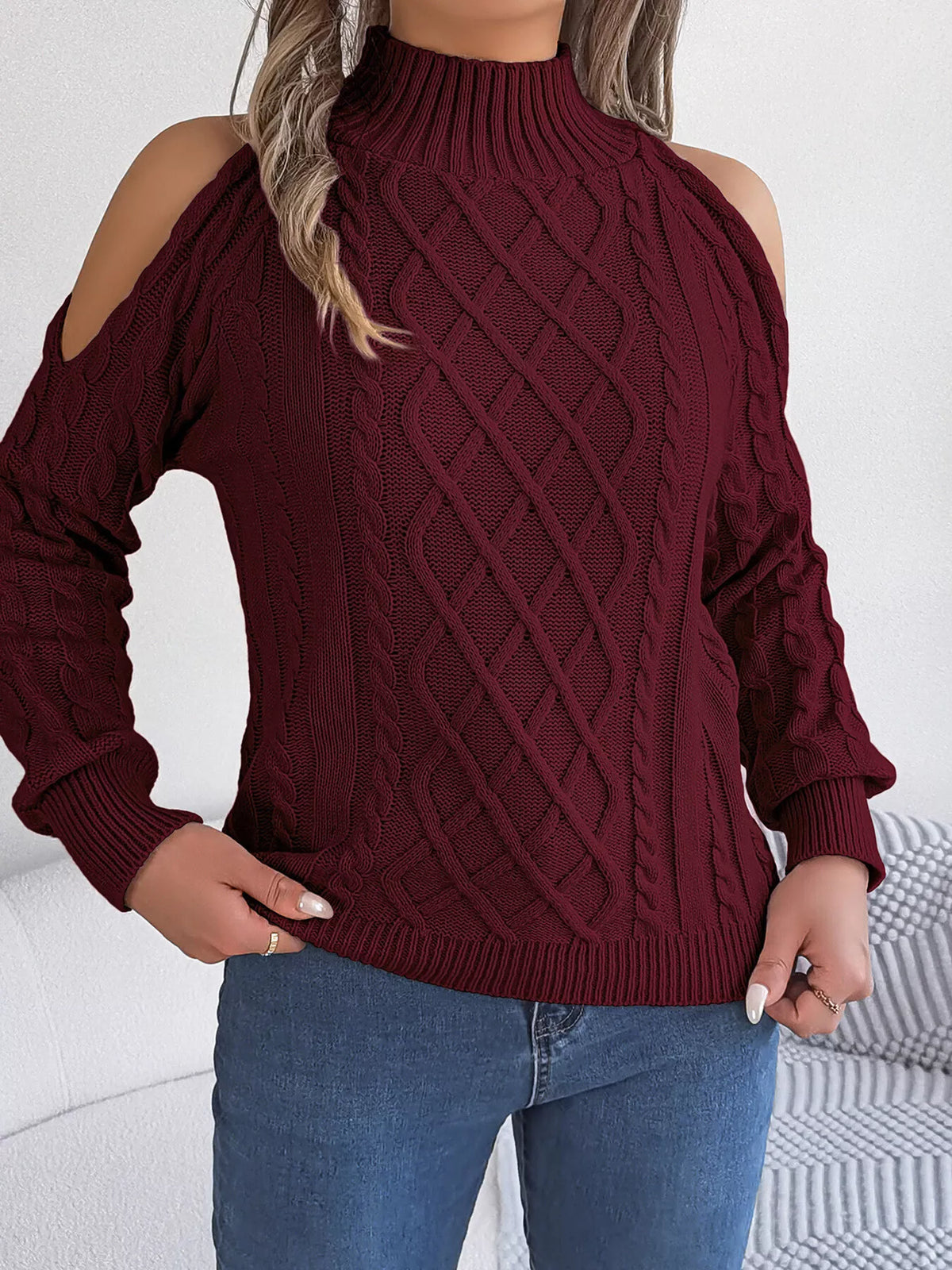 Cold-Shoulder Cable Knit Sweater in Burgundy