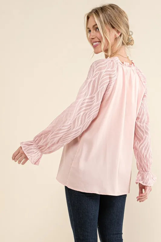 And The Why Leaves Shape Textured Sleeve Blouse in Pink, view 3