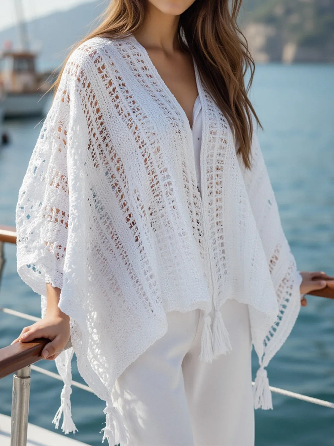 Openwork Tassel Open Front Knit Cover Up - Lilixa.store