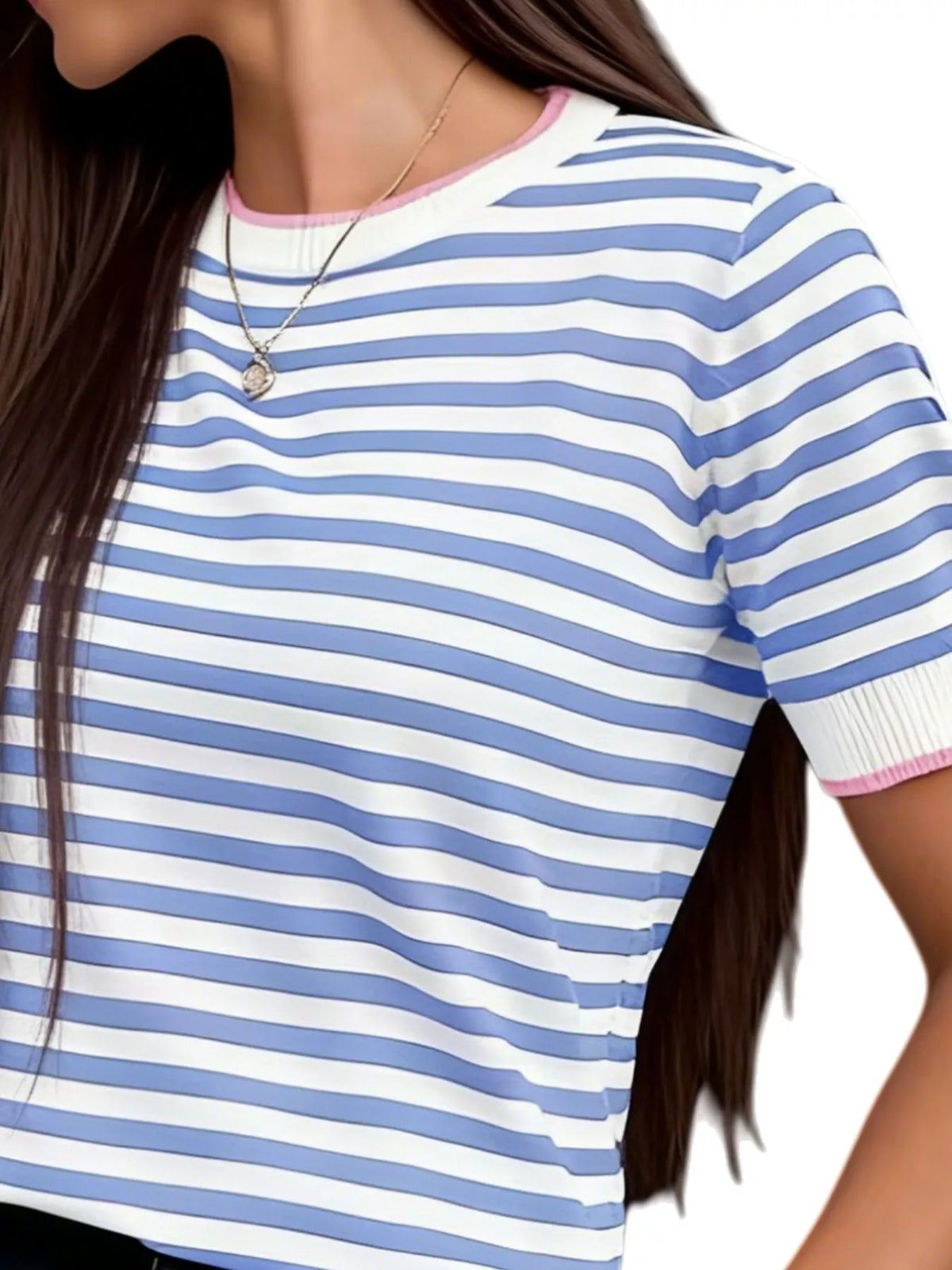 Contrast Trim Striped Short Sleeve Knit Top - Lilixa.store