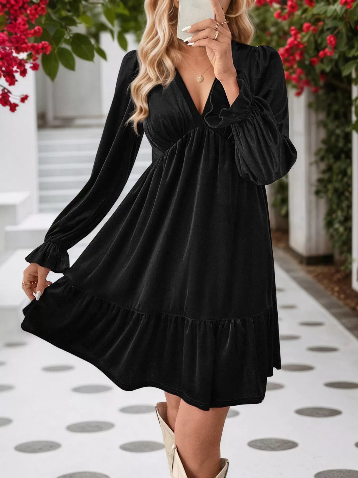 Velvet V-Neck Long Sleeve Ruffle Hem Mini Dress - Lilixa.store