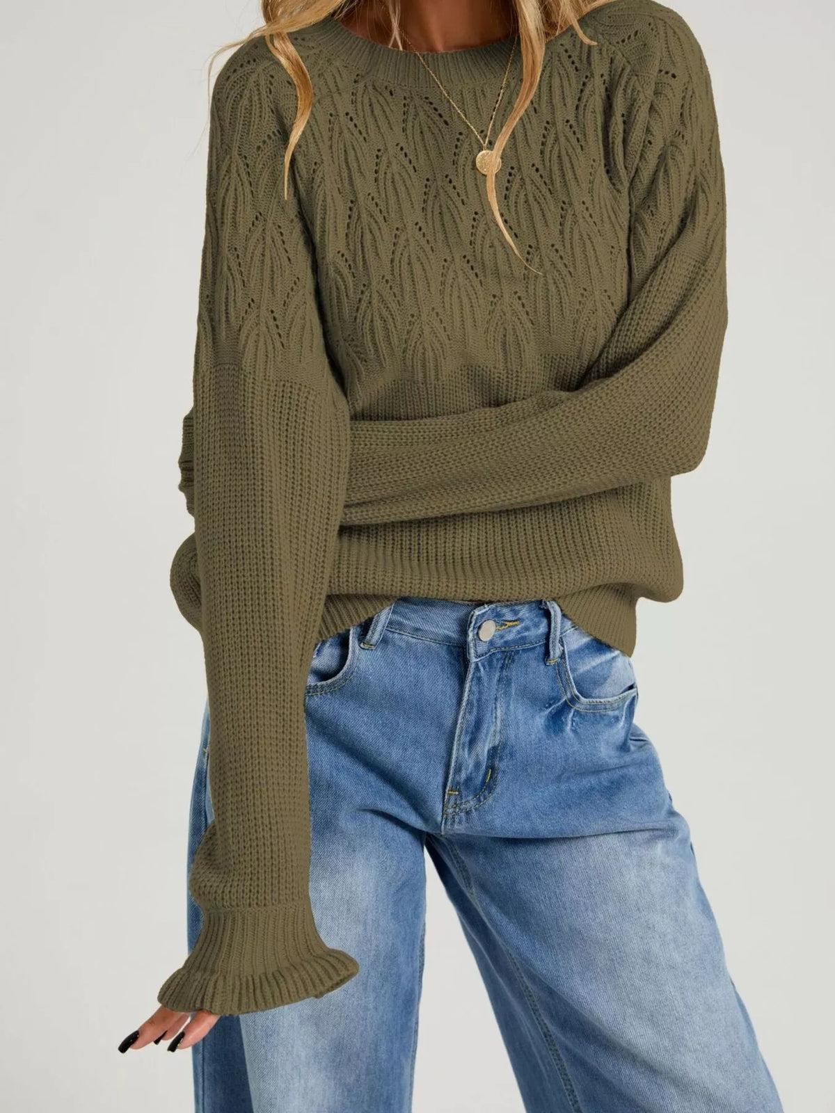 Pointelle Knit Round Neck Sweater