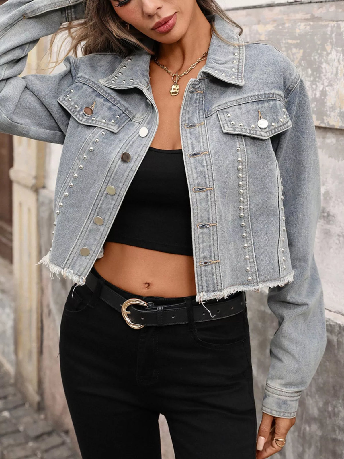 Studded Raw Hem Denim Jacket, view 2