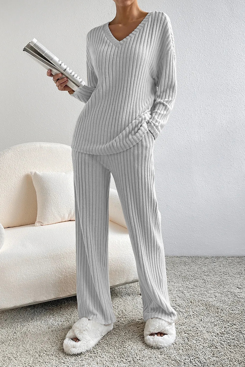 Ribbed V-Neck Top and Pants Lounge Set - Lilixa.store