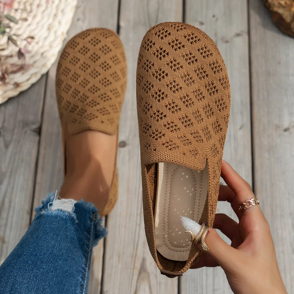 Mesh Round Toe Flat Slip-Ons in Tan