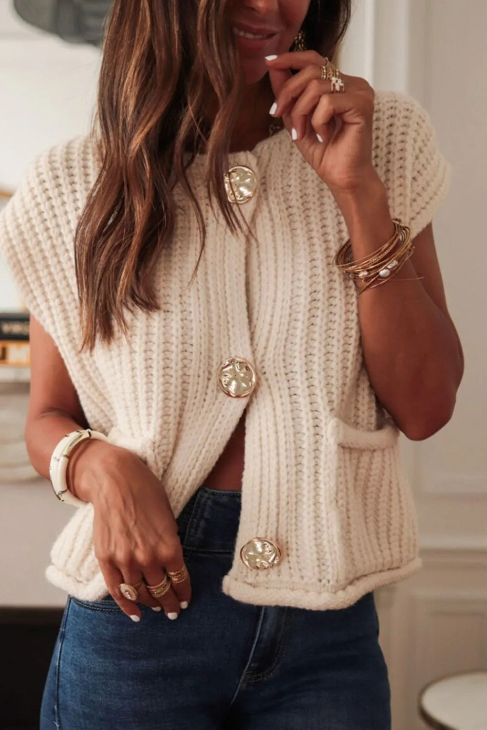 Button Down Sweater Vest with Pockets in Cream