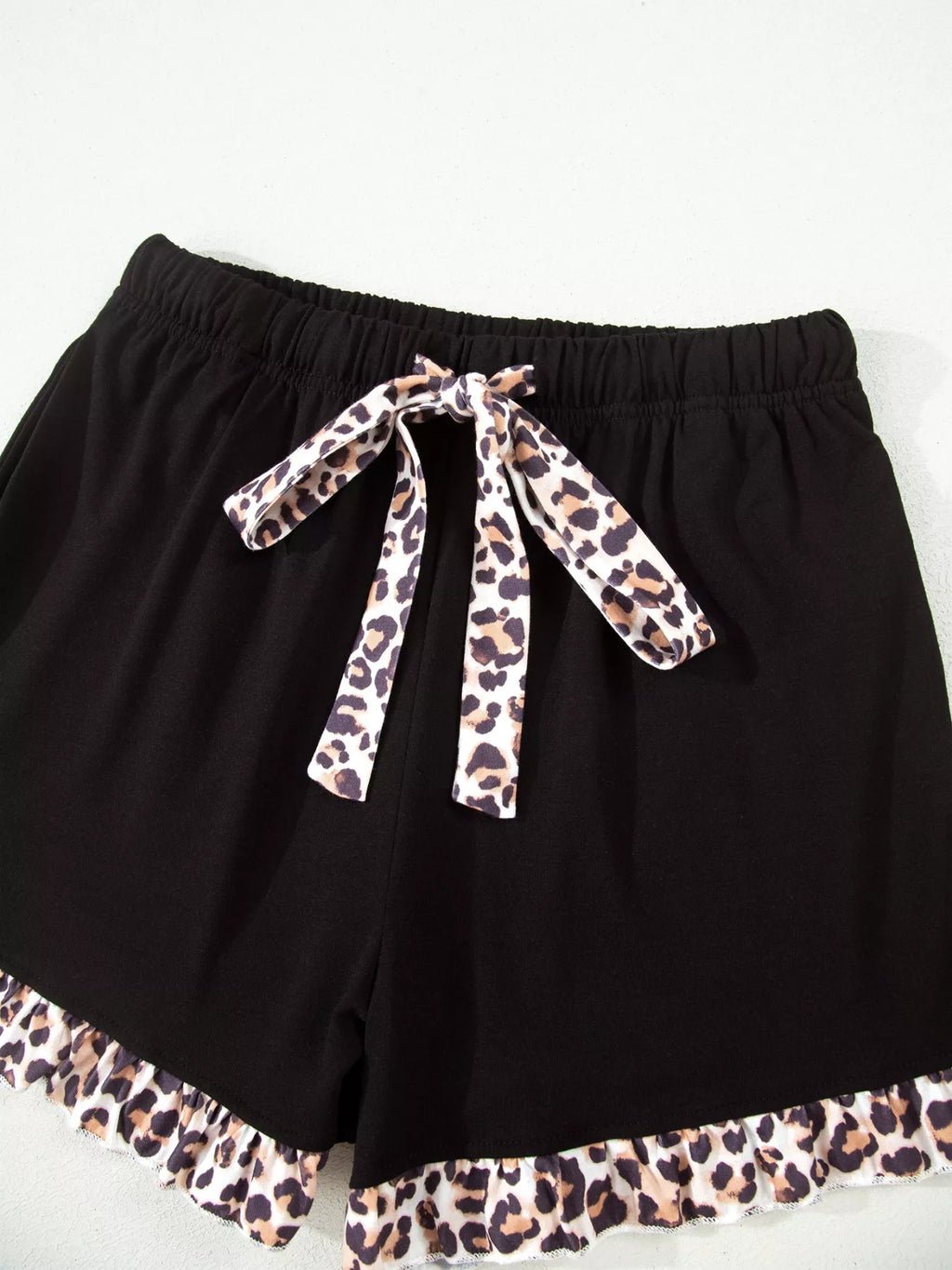 k Leopard Patchwork Trim Lapel Shirt Drawstring Shorts 2pcs Pajama Set - Lilixa.store