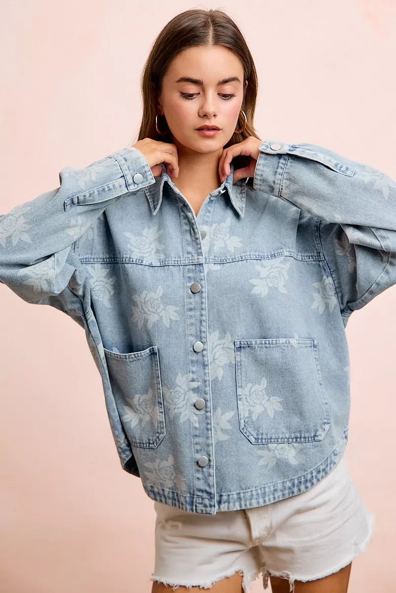 BiBi Printed Washed Denim Jacket With Pocket, view 14