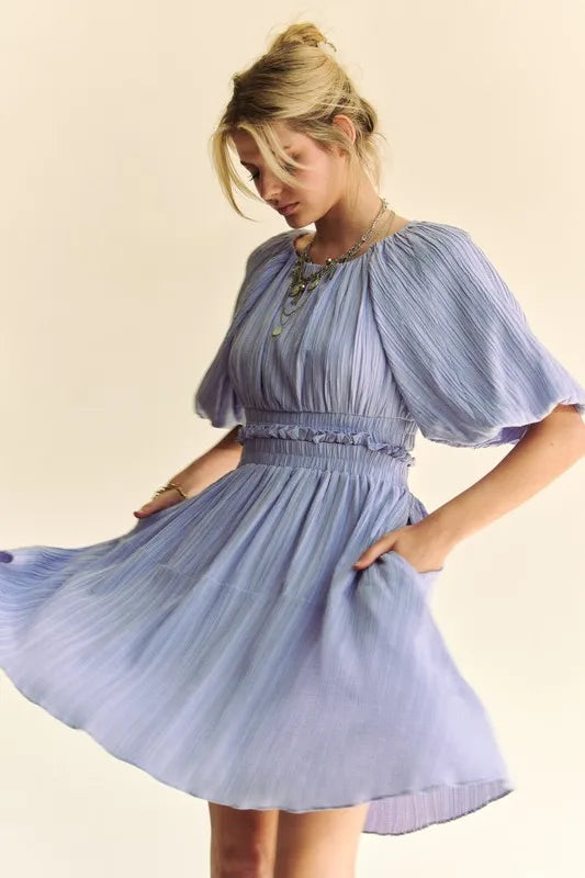 Davi & Dani Back Button Puff Sleeve Mini Dress - Lilixa.store