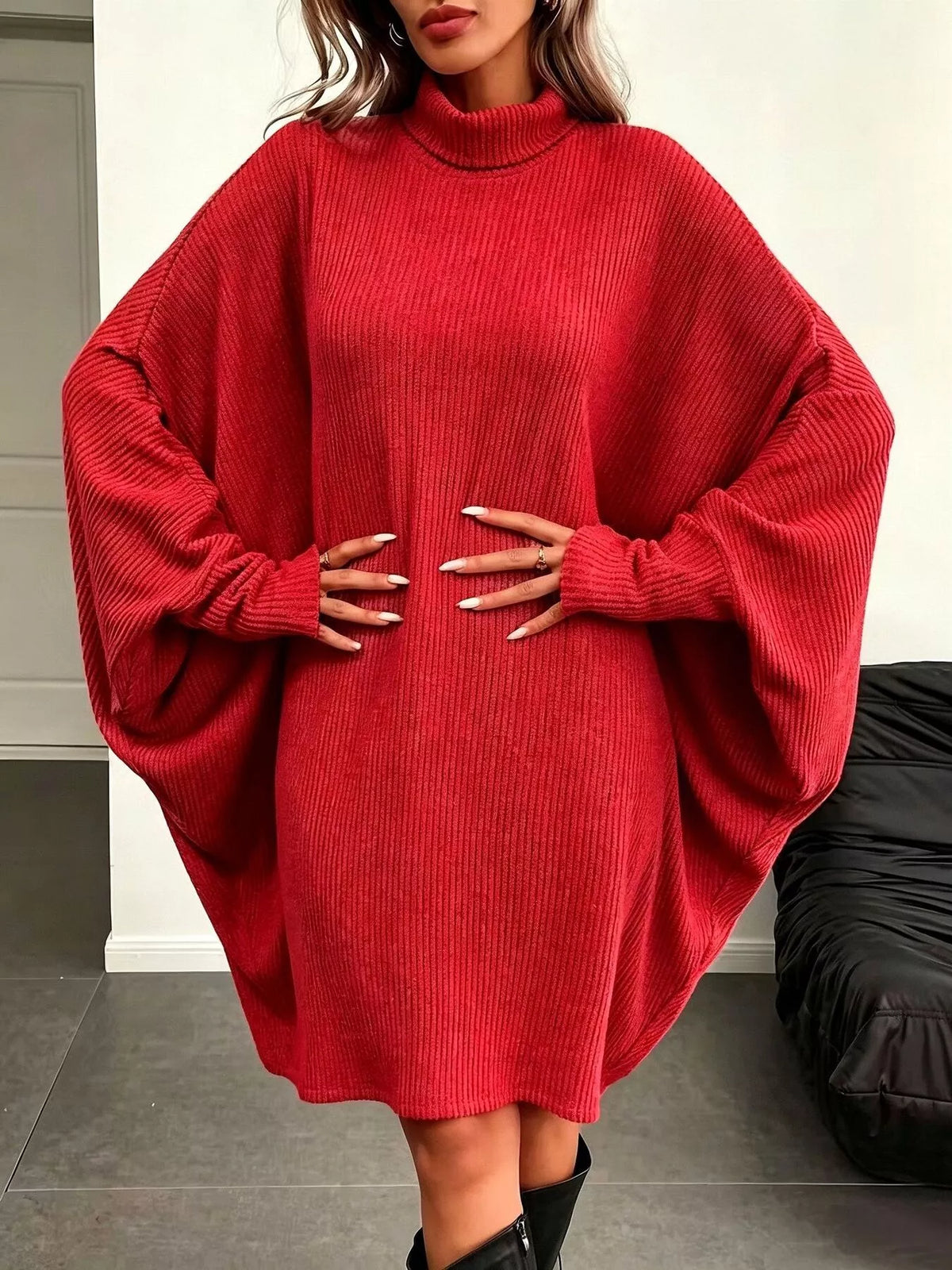 Oversized Batwing Sleeve Ribbed Knit Turtleneck Dress - Lilixa.store