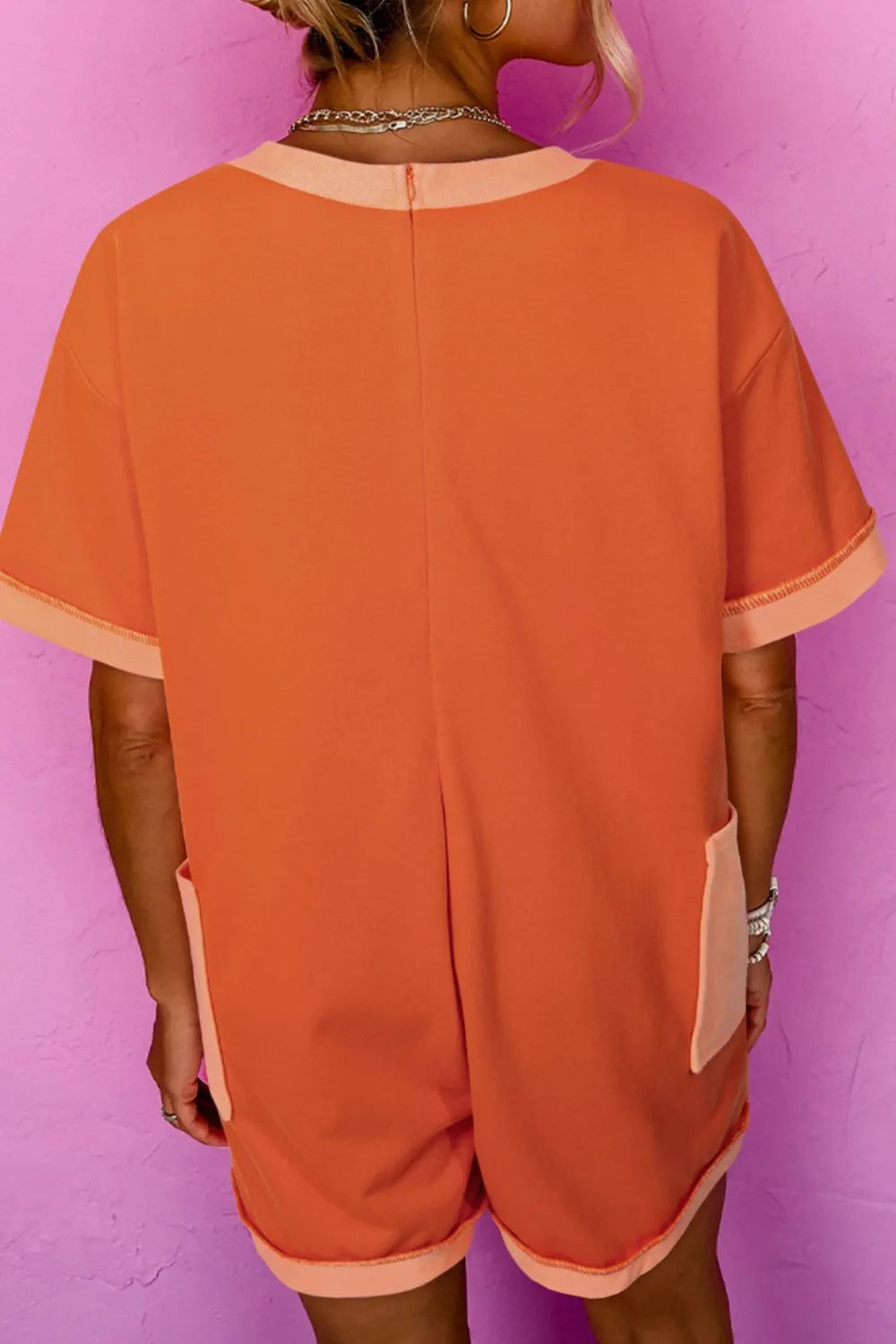 Two-Tone Short Sleeve V Neck Patched Pocket Romper in Orange, view 2
