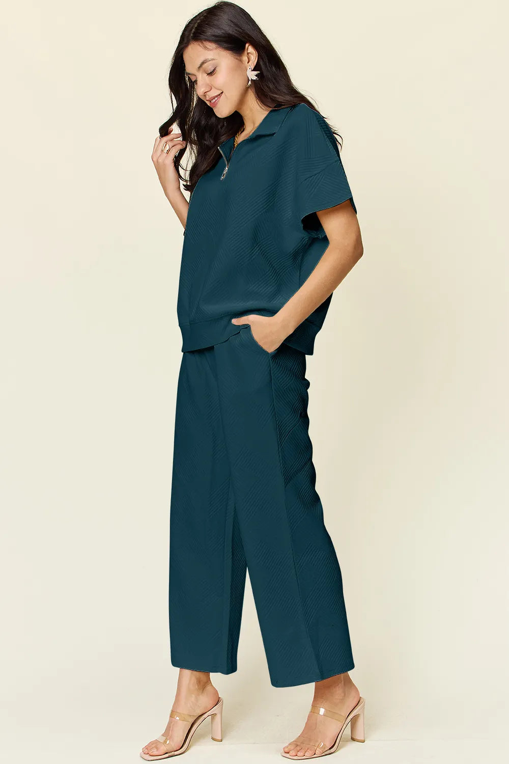 Double Take Full Size Texture Half Zip Short Sleeve Top and Pants Set, view 20