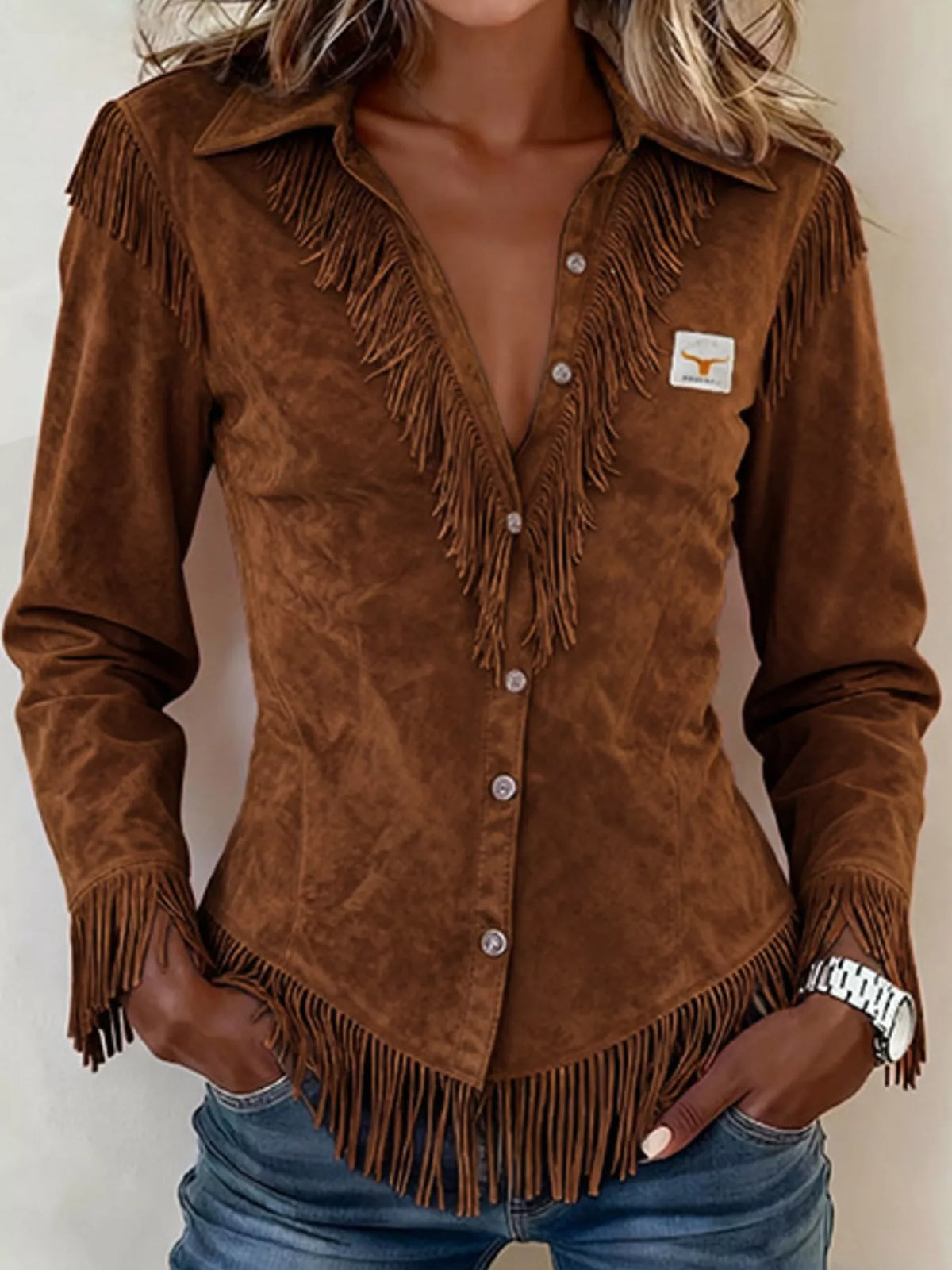 Full Size Fringed Collared Neck Shirt Plus Size - Lilixa.store