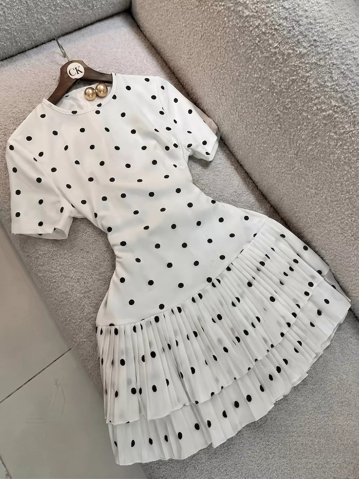 Polka Dot Pleated Hem Mini Dress