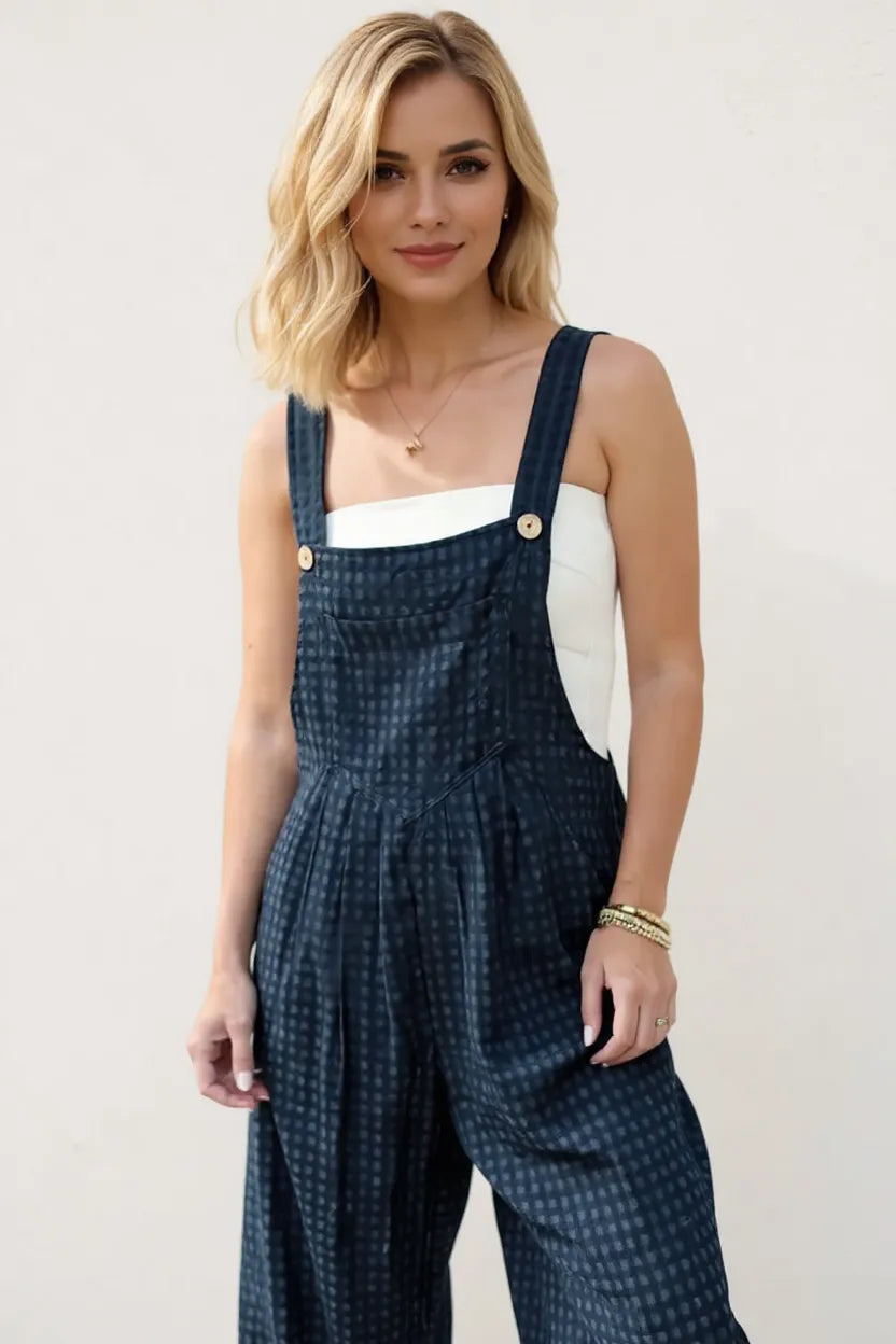 Oh Full Size Plaid Wide Leg Overalls with Pockets in Peacock Blue, view 3
