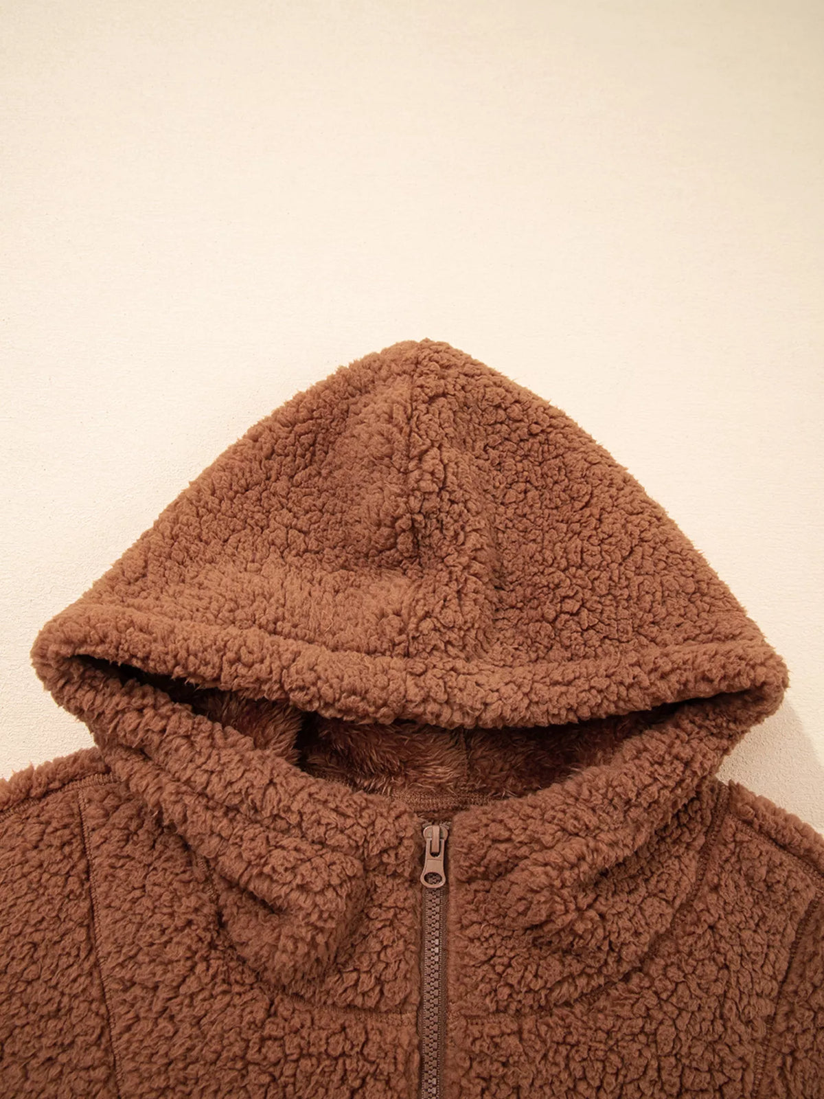 Zip Up Hooded Sherpa Jacket in Caramel, view 10