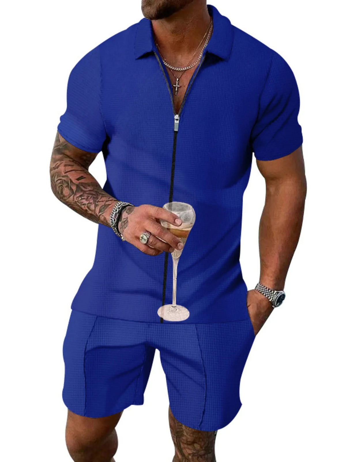 Men's Plus Size Zip Up Short Sleeve Top and Shorts Set in Royal Blue