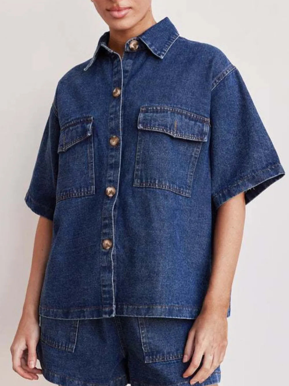 Button Up Half Sleeve Denim Shirt - Lilixa.store