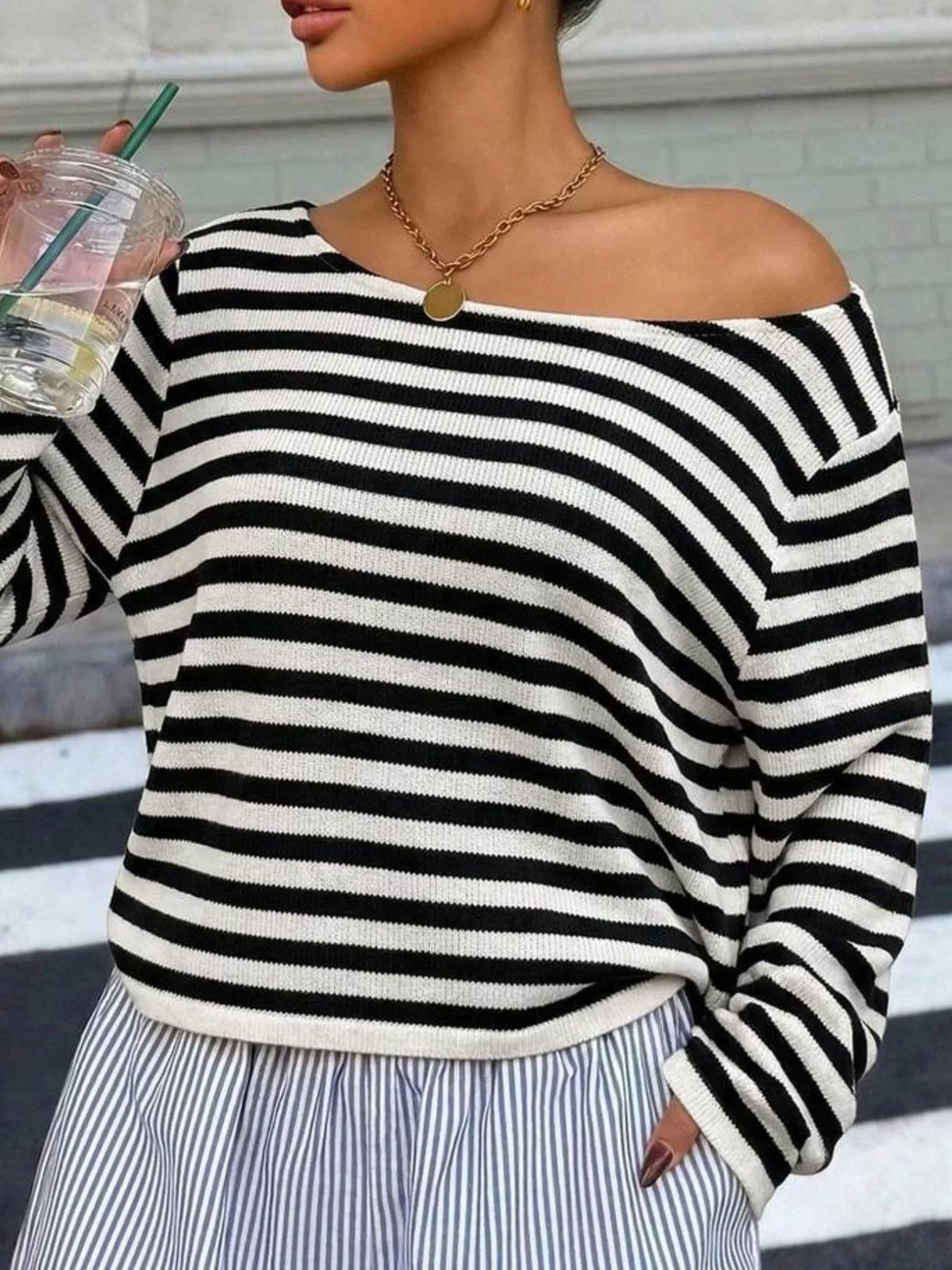 Boat Neck Striped Long Sleeve T-Shirt
