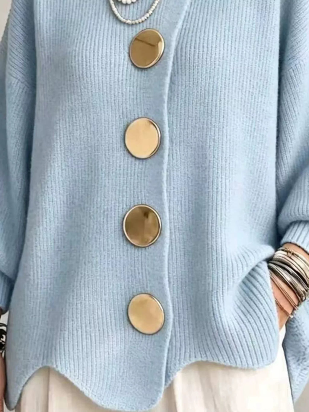 Full Size Gold Buttons Lantern Sleeve Cardigan Plus Size - Lilixa.store