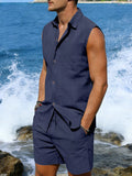 Men's Full Size Button Up Sleeveless Top and Shorts Plus Size - Lilixa.store