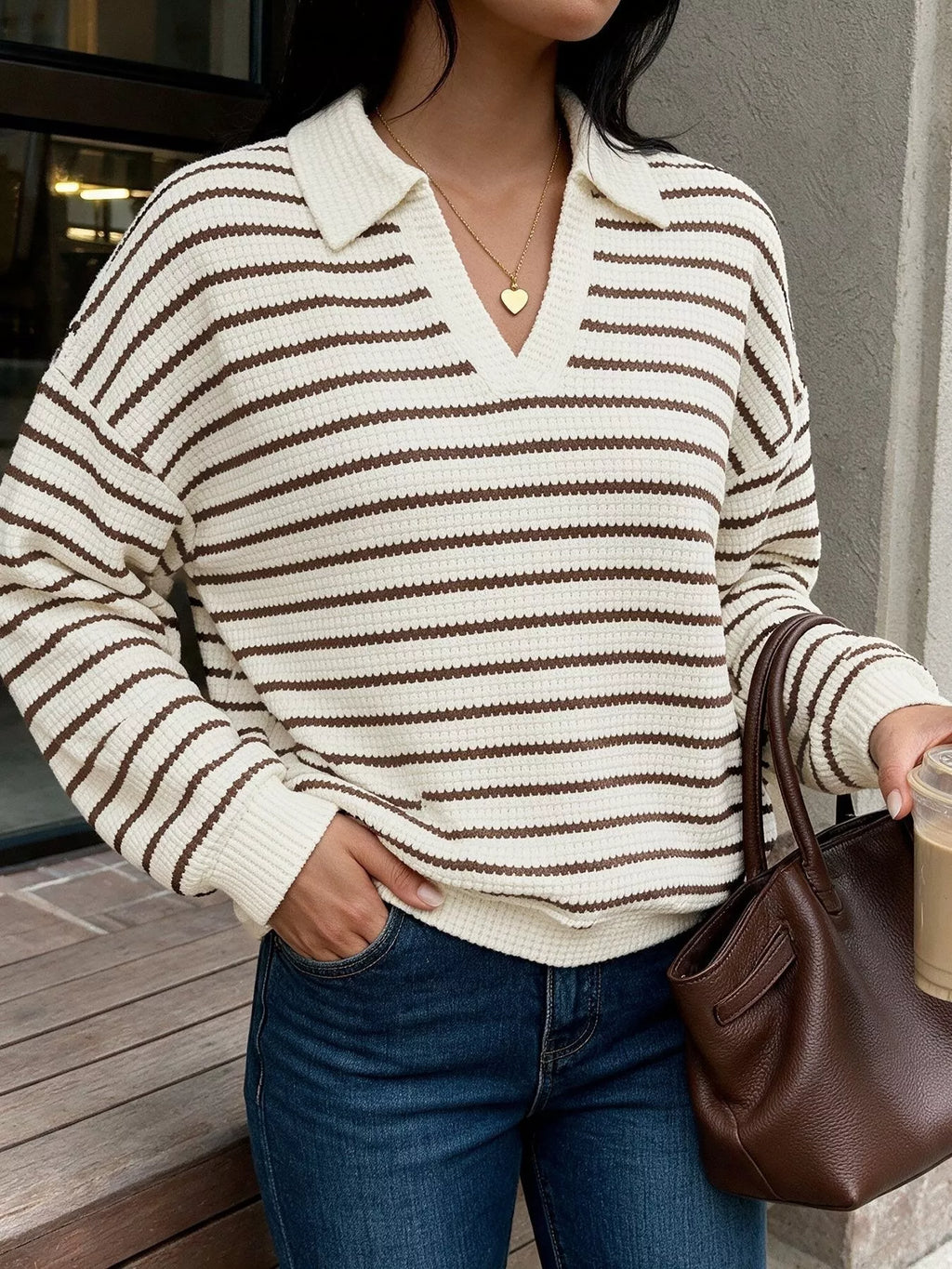 Striped Polo Collar Knit Sweatshirt - Lilixa.store