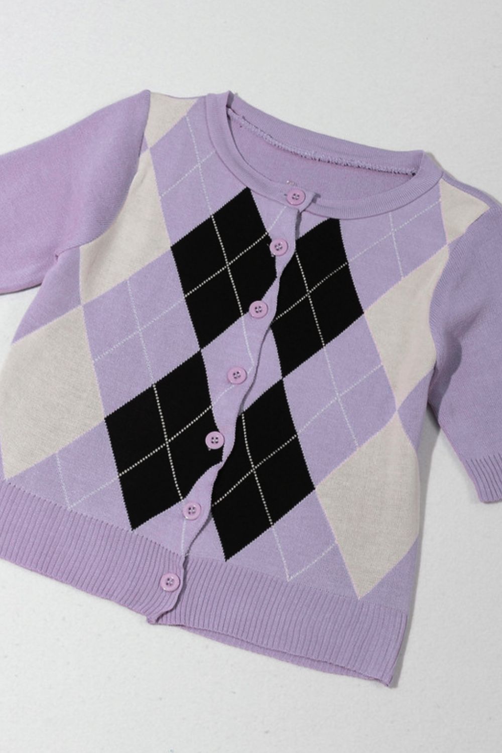 Argyle Round Neck Ribbed Trim Cardigan - Lilixa.store