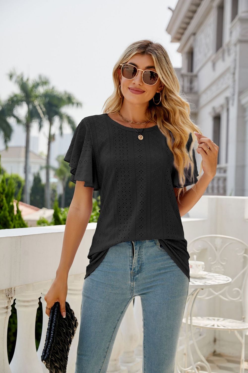 Eyelet Flutter Sleeve Round Neck Top, view 10