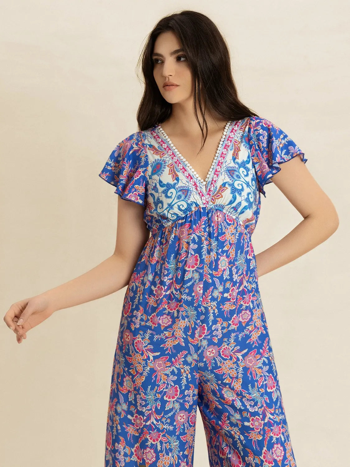 Printed V-Neck Wide Leg Jumpsuit - Lilixa.store
