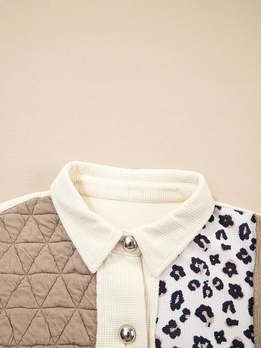 Leopard Waffle Quilted Patchwork Button Front Jacket in Camel, view 7