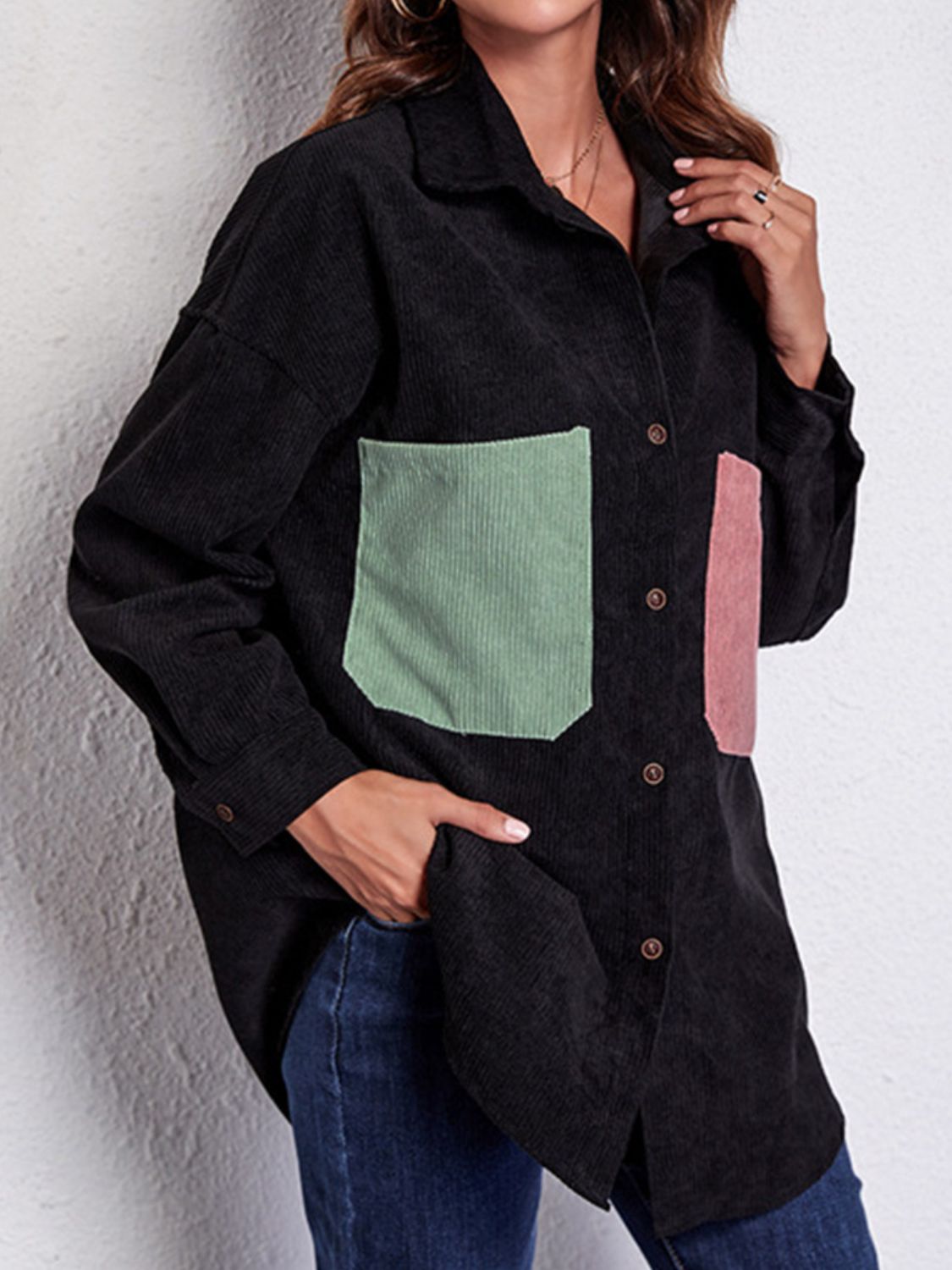 Patch Pocket Dropped Shoulder Shirt Jacket in Black, view 4