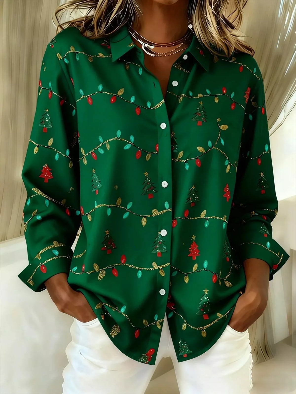 Full Size Christmas Tree Print Long Sleeve Button-Down Shirt Plus Size in Black Forest