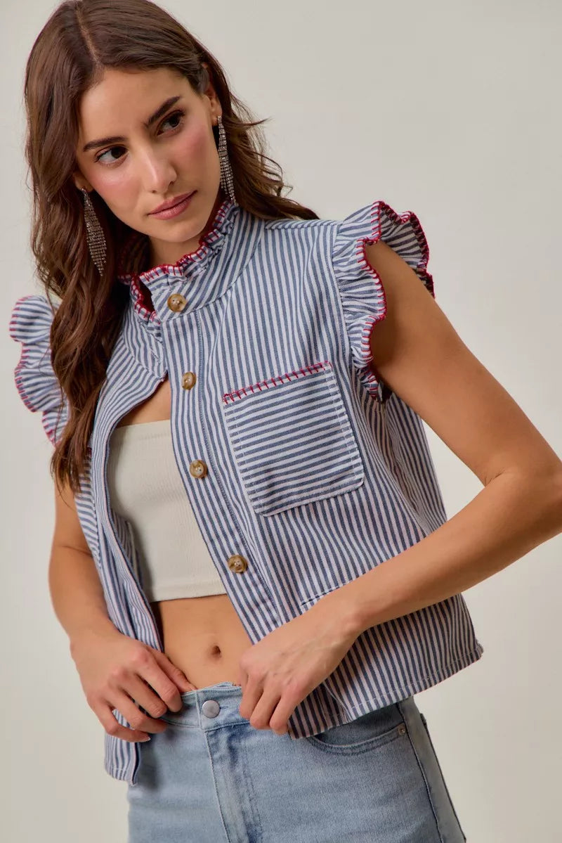 SO ME Stripe Twill Stitch Ruffled Hidden Button Vest Top - Lilixa.store