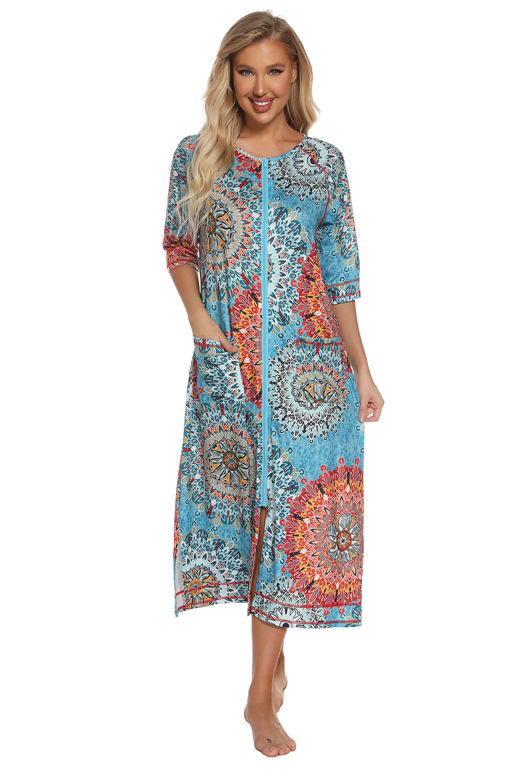 Printed Slit Night Dress with Pockets - Lilixa.store